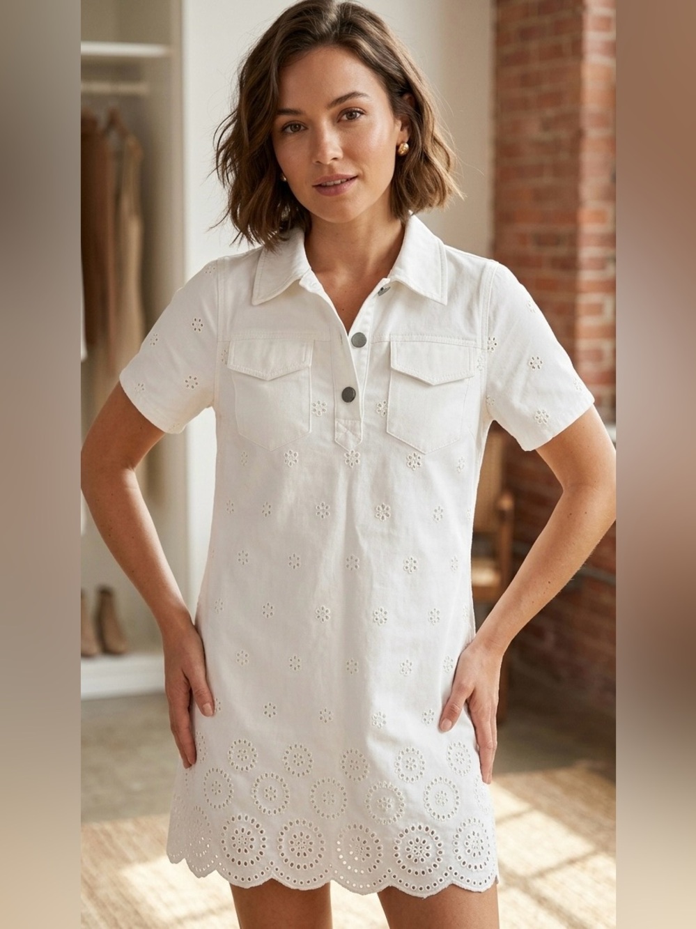 En Saison White Eyelet Cotton Denim Mini Dress - Size XS | Revolve Style